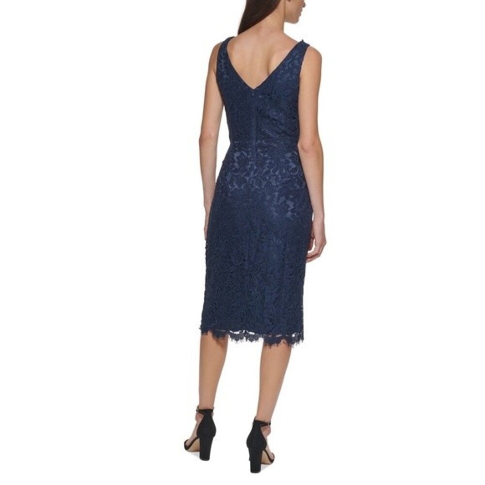 NWT ELIZA J | Navy Lace Frayed Floral Sleeveless V Neck Formal Hi-Lo Dress 8 - Picture 4 of 15